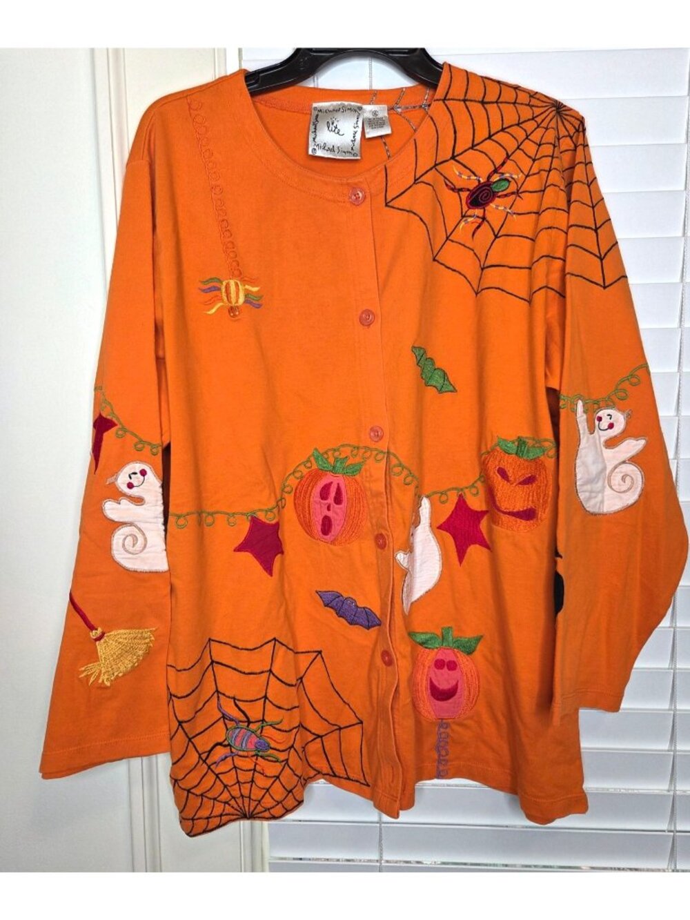 VTG Michael Simon Lite XL Halloween Cardigan Orange Embroidered Ghosts Pumpkins